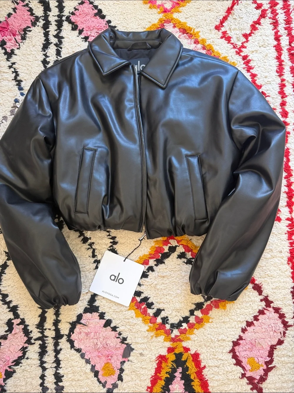 ALO Yoga Black Cropped Faux Leather Zip Jacket